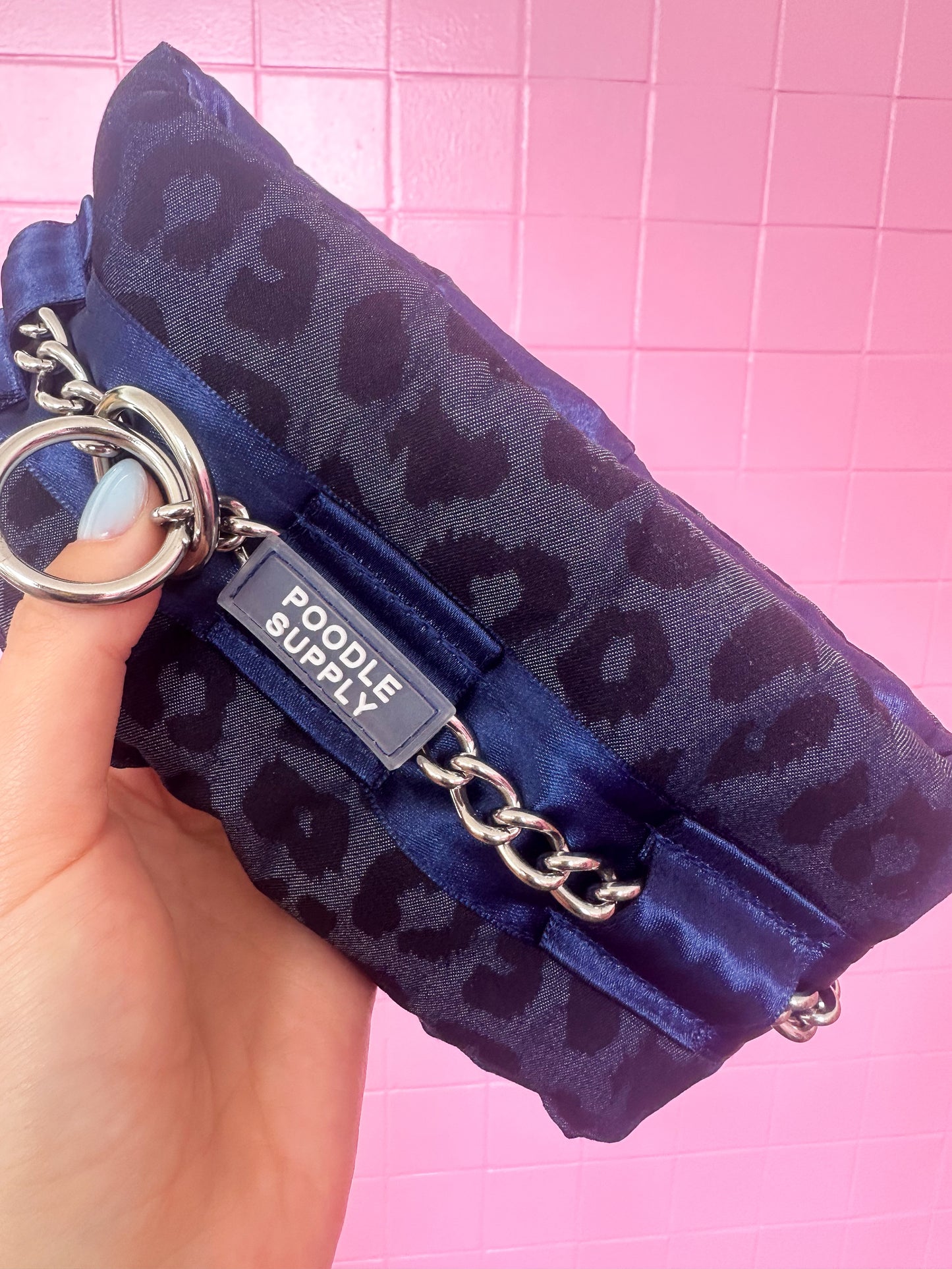 Fluffy Chain Collar Denim Leopard