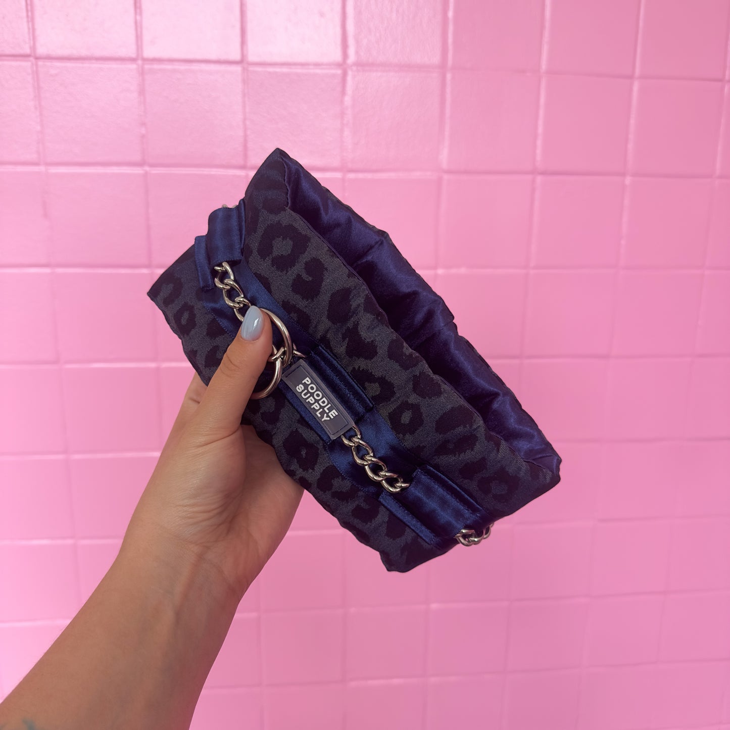 Fluffy Chain Collar Denim Leopard