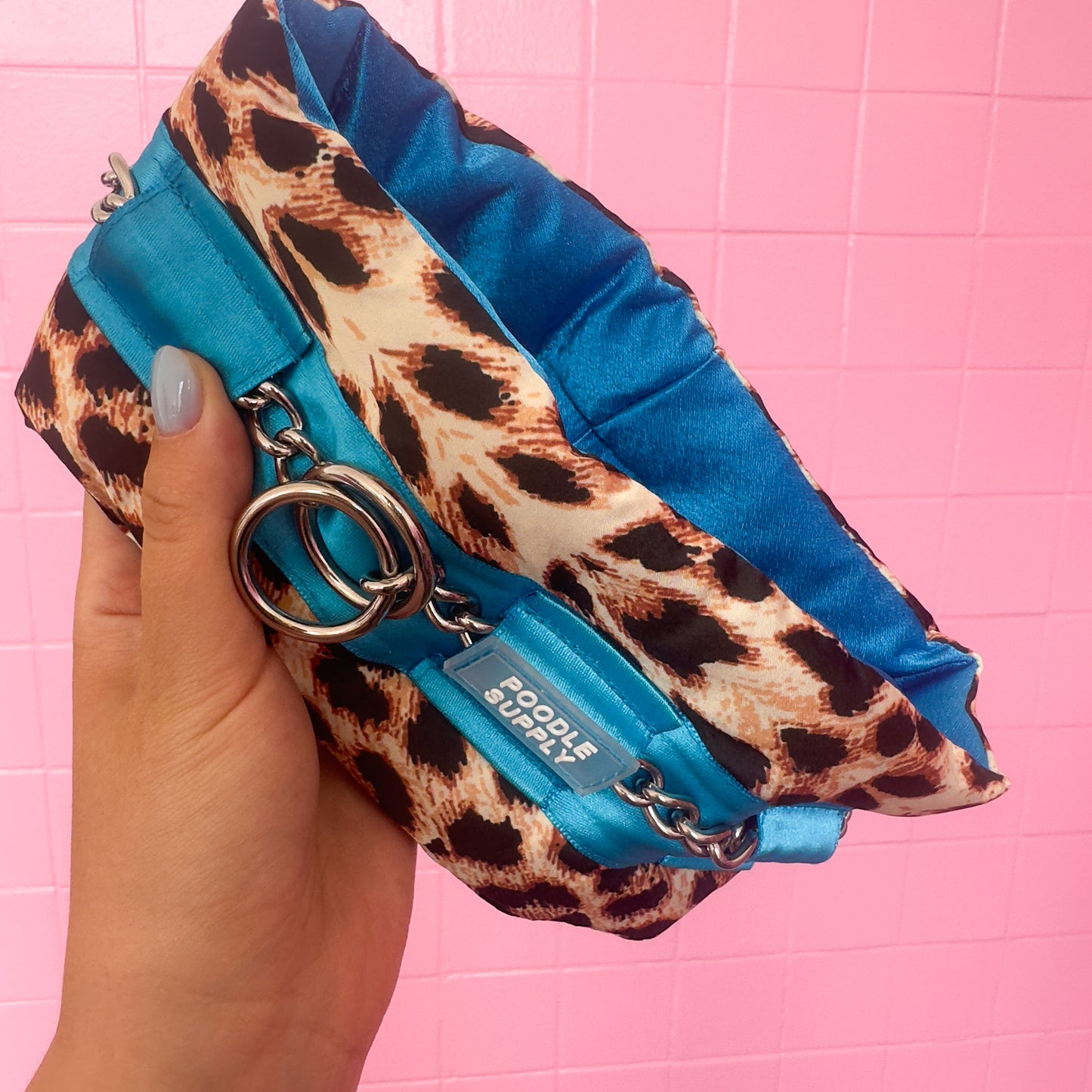 Fluffy Chain Collar Leopard with Blue Full Satin