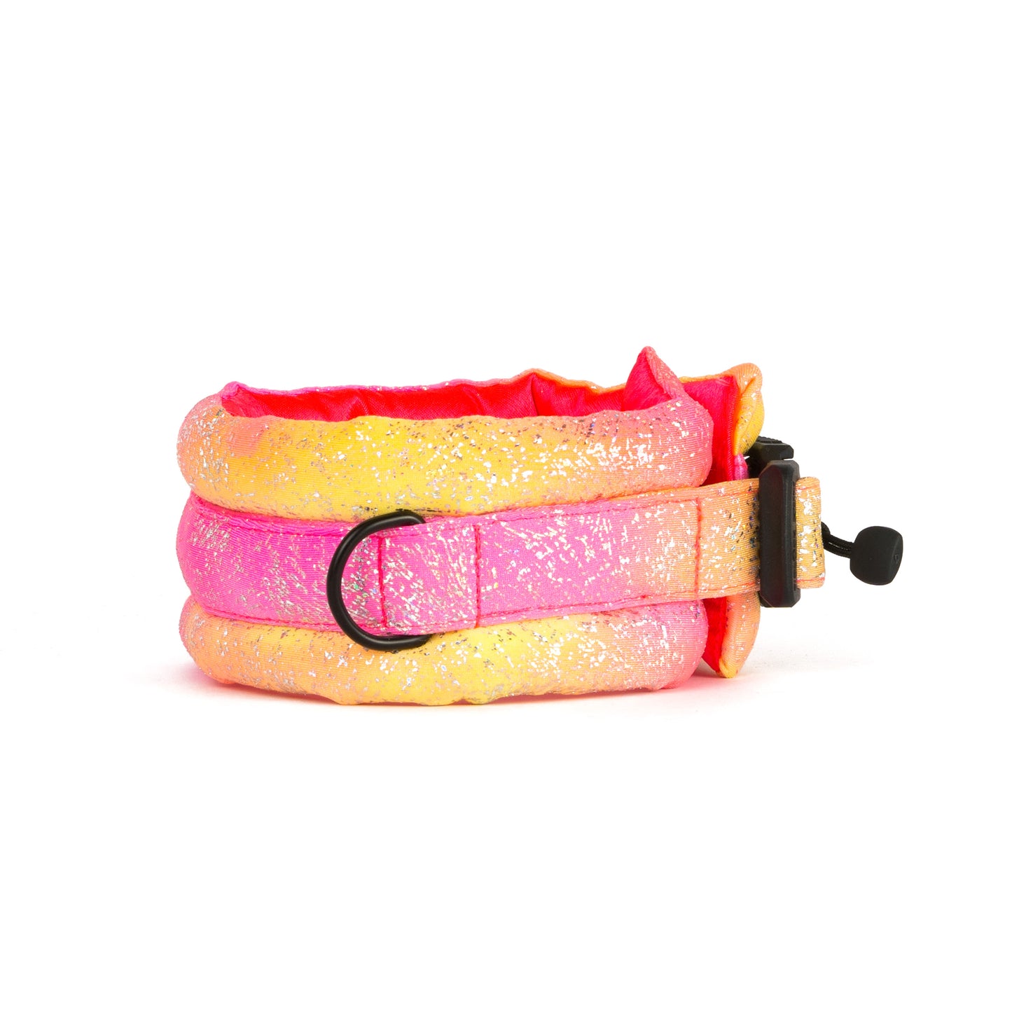 Toy / Miniature/ Medium Fluffy Magnetic Collar Pink/Yellow Glossy Rainbow with Neon Pink