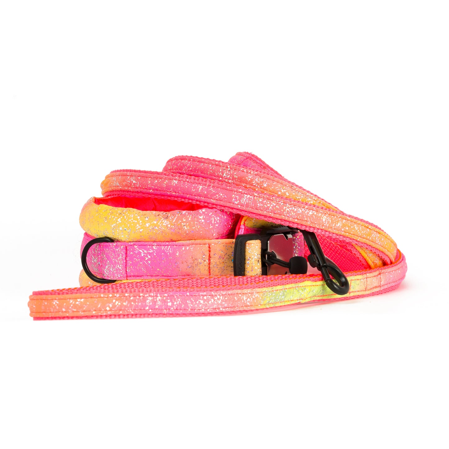 Medium Poodle Supply Fluffy Magnetic Collar Pink/Yellow Glossy Rainbow with Neon Pink