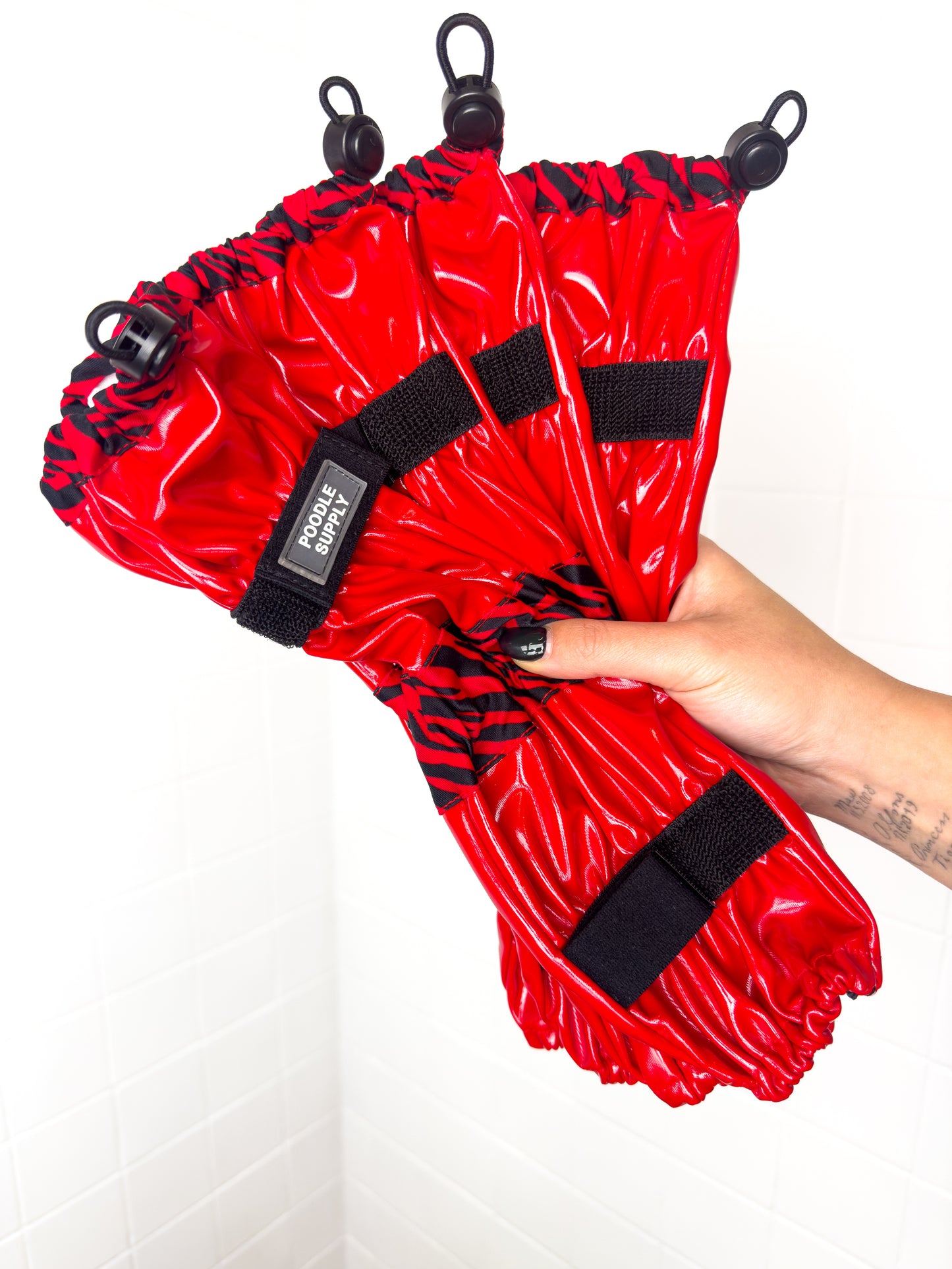 Collar + Leg Protectors Set: Standard Fluffy Chain Collar & Set of 4 Leg Protectors Red Zebra