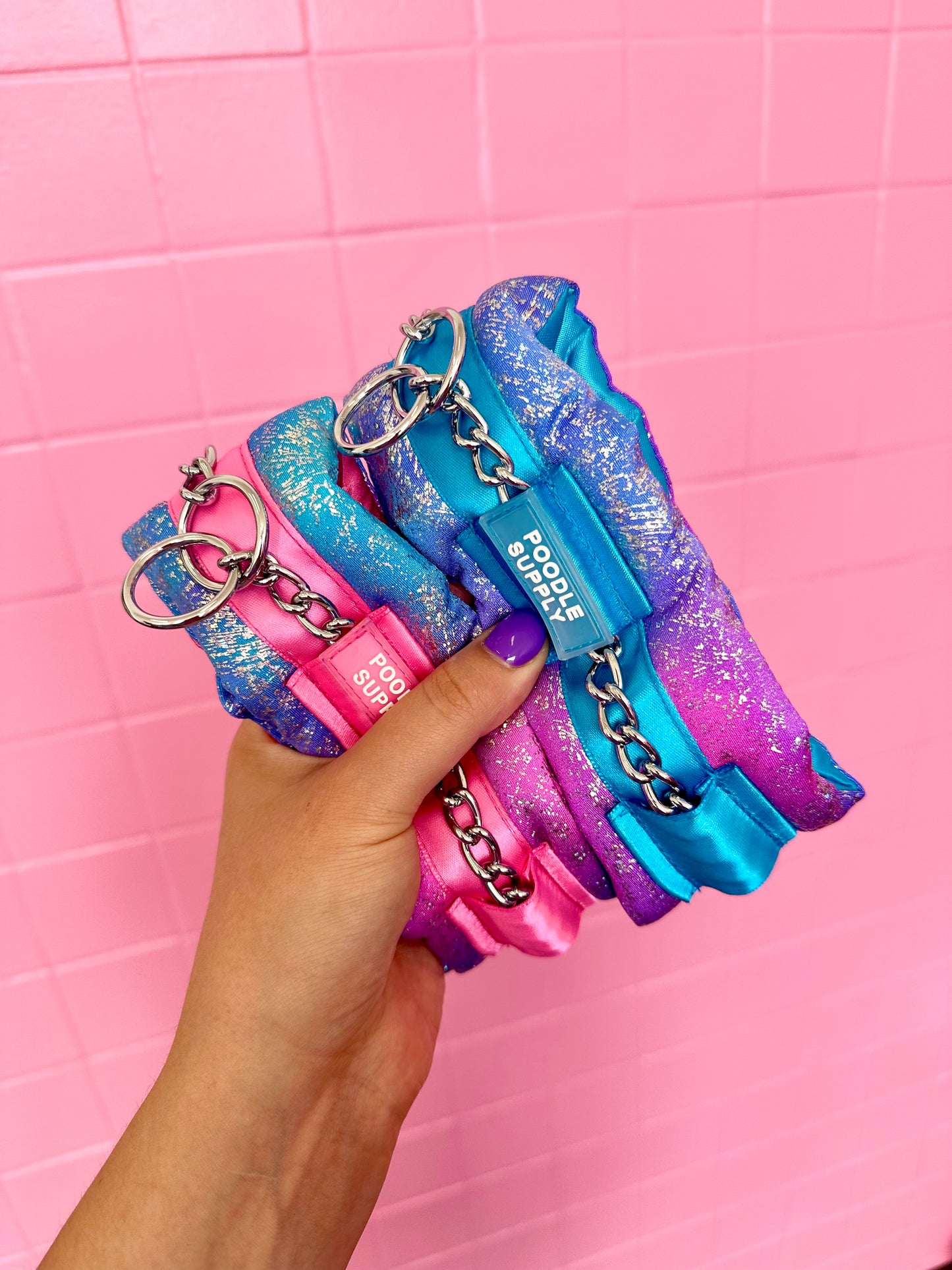 Fluffy Chain Collar Pink/Blue Glossy Rainbow with Baby Pink