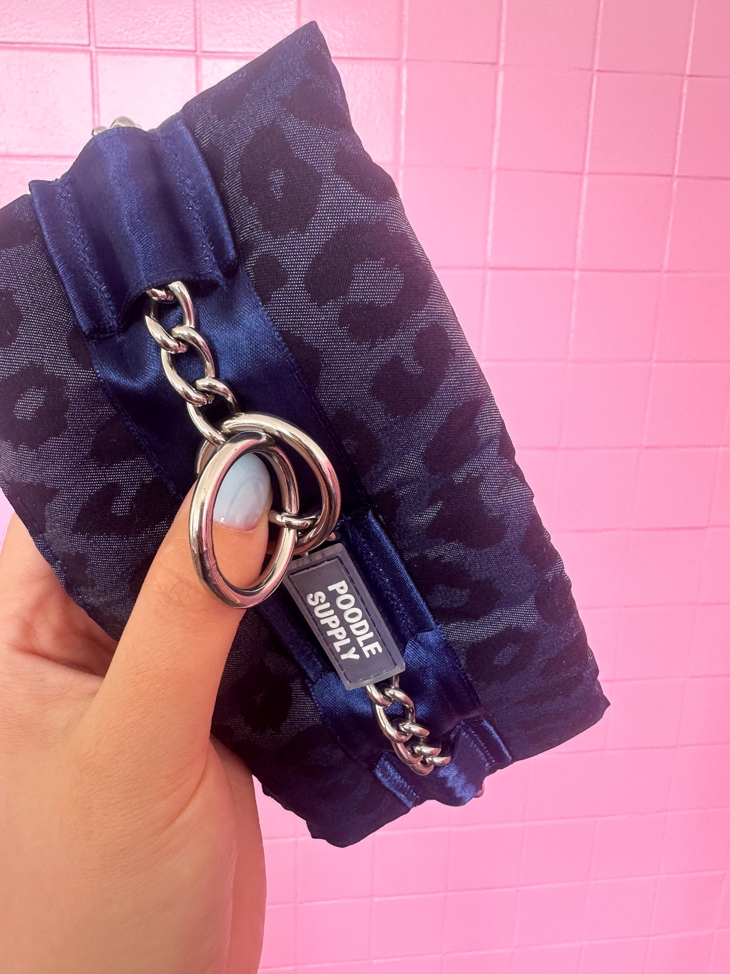 Fluffy Chain Collar Denim Leopard