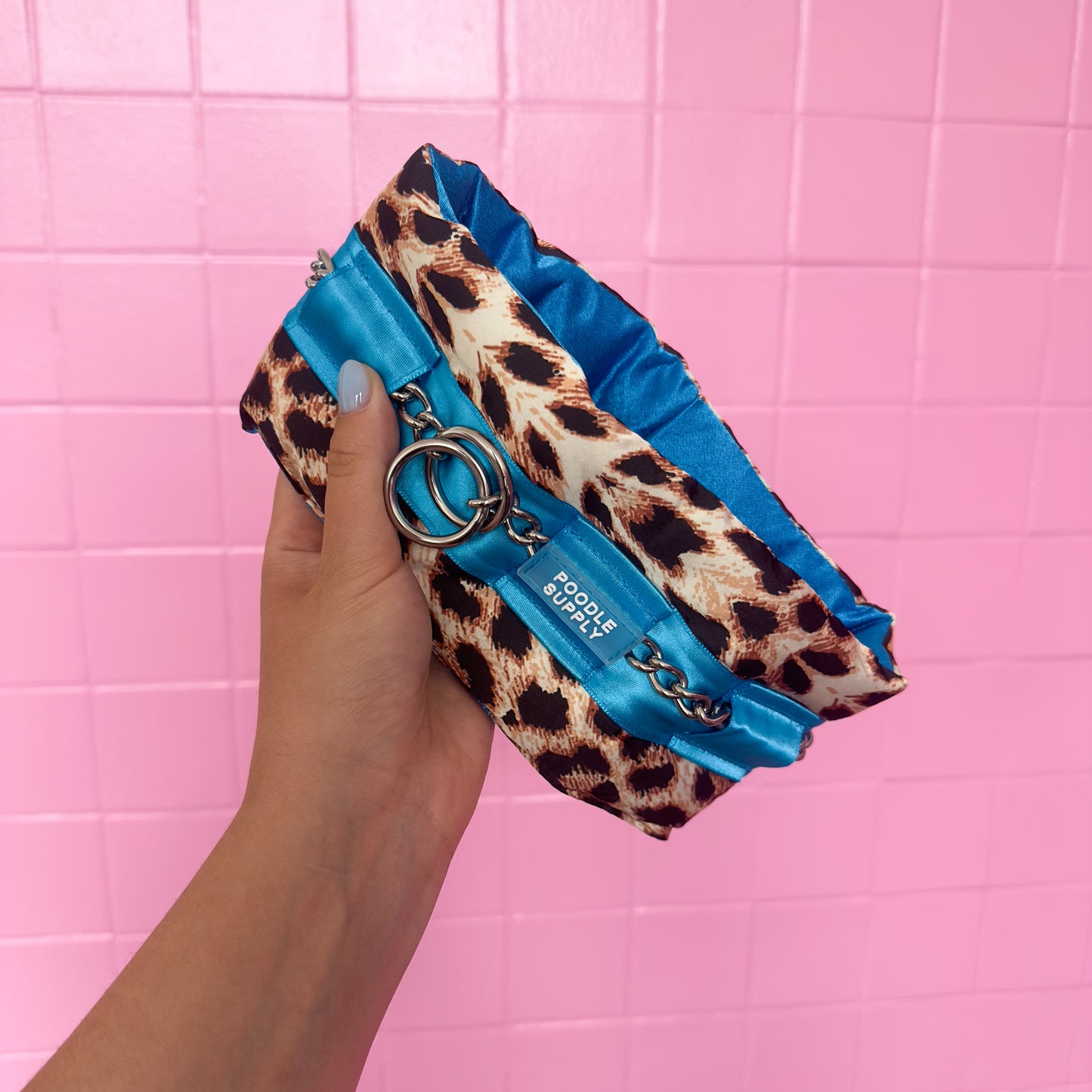 Fluffy Chain Collar Leopard with Blue Full Satin