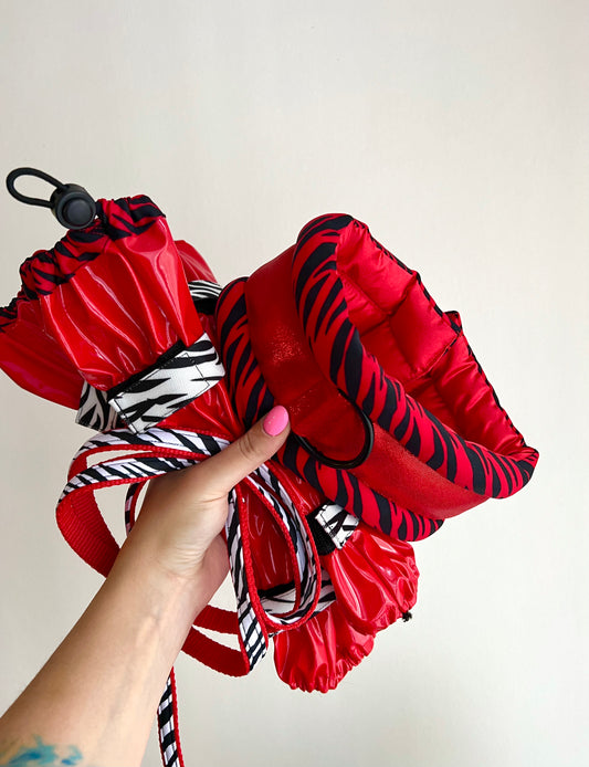 Collar + Leg Protectors Set: Standard Fluffy Magnetic Collar & Set of 4 Leg Protectors Red Zebra